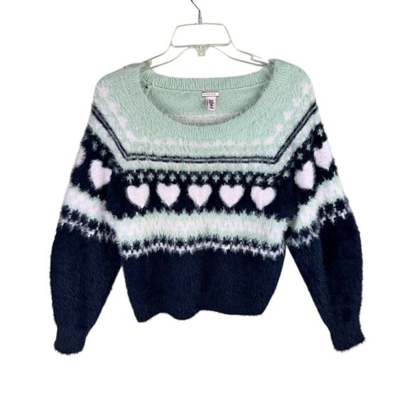 Victoria's Secret Fair Isle Hearts Eyelash Sweater Womens Small Fuzzy Cozy Blue - Picture 1 of 4